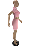Pink Fashion Casual Short Sleeve Zipper Shorts Tight Two Piece LYY9312-4