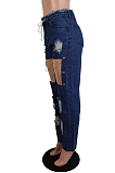 Blue Sping Summer Personality Waist Bind Casual Jeans LS6456