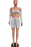 Gray Women Fashion Sexy Chest Wrap Long Sleeve Eyelet Bandage Shorts Sets HM5489
