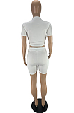 White Fashion Casual Short Sleeve Zipper Shorts Tight Two Piece LYY9312-2