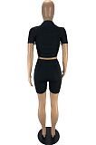 Black Fashion Casual Short Sleeve Zipper Shorts Tight Two Piece LYY9312-3