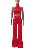 Red Women Pure Color Sleeveless Top Casual Pants Sets NK254-6