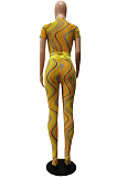 Yellow Fashion Net Yarn Printing Bind Casual Short Sleeve Pantyhose Sets CM2148-1