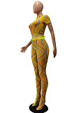 Yellow Fashion Net Yarn Printing Bind Casual Short Sleeve Pantyhose Sets CM2148-1