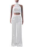 White Women Pure Color Sleeveless Top Casual Pants Sets NK254-2