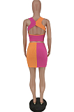 Pink Fashion Sexy Double Color Spliced Tank Short Skirts Two Piece PU6090-1