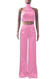 Pink Women Pure Color Sleeveless Top Casual Pants Sets NK254-3