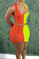 Orange Fashion Sexy Double Color Spliced Tank Short Skirts Two Piece PU6090-2