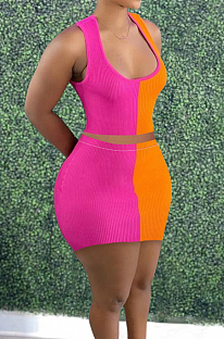 Pink Fashion Sexy Double Color Spliced Tank Short Skirts Two Piece PU6090-1