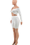 Rice White Sexy Pit Bar Off Shoulder Shorts Sets PY815-3