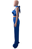 Dark Blue Women Pure Color Sleeveless Top Casual Pants Sets NK254-1