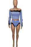 Blue Euramerican Women Lace Screw Thread Spliced A Word Shoulder Sexy Shorts Sets Q913-3