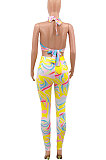 Yellow Color Women Ring Sexy Hollow Out PrintingBodycon Jumpsuits PY0830-2