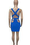 Blue Euramerican Women Pure Color Bandage Hollow Out Sexy Skirts Sets Q903-5
