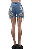 Light Summer Casual Water Washing Hole Tassel Jeans Shorts W8393