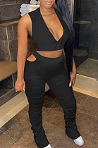 Black Sexy Zipper Sleeveless Ruffle Long Pants Sets WM2610-1