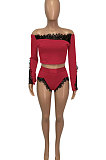 Red Euramerican Women Lace Screw Thread Spliced A Word Shoulder Sexy Shorts Sets Q913-1