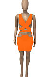 Orange Euramerican Women Pure Color Bandage Hollow Out Sexy Skirts Sets Q903-2