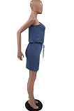 Navy Blue Summer One Shoulder Mid Waist Sexy Loose Pure Color Dress TD80050-3