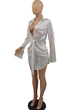 White Fashion Cute The Glossy Bind Shirt Dress MTY6537-1