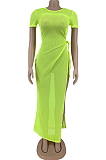 Neon Green Net Yarn Perspective High Open Fork Sexy Dress DN8614-1