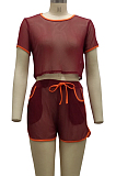 Wine Red Fashion Sexy Line Net Yarn Spliced Short Sleeve Shorts Sets SMR10104-4