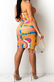 Orange Euramerican Women Fashion Printing Sexy Chest Wrap Mini Dress HYM86811