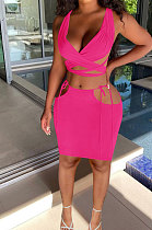 Rose Red Euramerican Women Pure Color Bandage Hollow Out Sexy Skirts Sets Q903-4