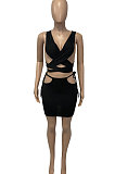 Black Euramerican Women Pure Color Bandage Hollow Out Sexy Skirts Sets Q903-3
