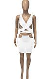 White Euramerican Women Pure Color Bandage Hollow Out Sexy Skirts Sets Q903-1