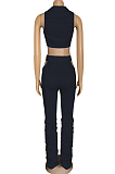 Black Sexy Zipper Sleeveless Ruffle Long Pants Sets WM2610-1
