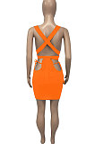 Orange Euramerican Women Pure Color Bandage Hollow Out Sexy Skirts Sets Q903-2