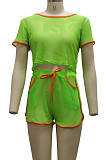 Green Fashion Sexy Line Net Yarn Spliced Short Sleeve Shorts Sets SMR10104-2