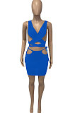 Blue Euramerican Women Pure Color Bandage Hollow Out Sexy Skirts Sets Q903-5