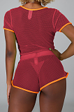 Wine Red Fashion Sexy Line Net Yarn Spliced Short Sleeve Shorts Sets SMR10104-4
