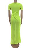Neon Green Net Yarn Perspective High Open Fork Sexy Dress DN8614-1