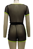 Black Fashion Sexy Line Net Yarn Spliced Short Sleeve Shorts Sets SMR10104-3