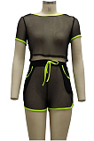 Black Fashion Sexy Line Net Yarn Spliced Short Sleeve Shorts Sets SMR10104-3