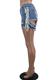 Light Summer Casual Water Washing Hole Tassel Jeans Shorts W8393