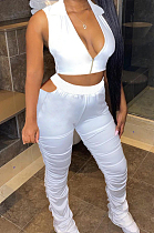 White Sexy Zipper Sleeveless Ruffle Long Pants Sets WM2610-3