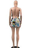 Sun Printing Tassel Vest Sleeveless Sexy Navel Exposure Tops Shorts Sets MLM9073-4