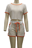 White Fashion Sexy Line Net Yarn Spliced Short Sleeve Shorts Sets SMR10104-1
