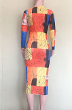 Red Blue Fashion Digital Printing Net Yarn Long Sleeve Dress ORY5197-1
