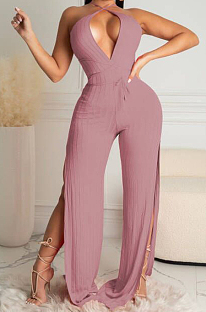 Pink Fashion Sexy Pure Color Knotted Strap Open Fork Sleeveless Jumpsuits PQ8054-1