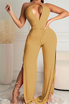 Khaki Fashion Sexy Pure Color Knotted Strap Open Fork Sleeveless Jumpsuits PQ8054-2