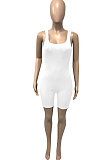 White Pure Color Screw Thread Bodycon Casual Vest Romper Shorts Q896-1