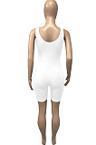 White Pure Color Screw Thread Bodycon Casual Vest Romper Shorts Q896-1
