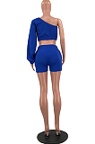 Blue Casual Puff Sleeve One Shoulder Shorts Two Piece YR8086-3