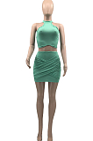 Green Summer Sleeveless Sexy Small Vest Pure Color Short Skirts Two Piece QSS8018-2