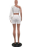 White Casual Puff Sleeve One Shoulder Shorts Two Piece YR8086-1